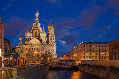 The Church of the Savior on Spilled Blood. Orthodox church in Saint Petersburg, Russia. One of Saint Petersburg's major attractions. Moonlight night 