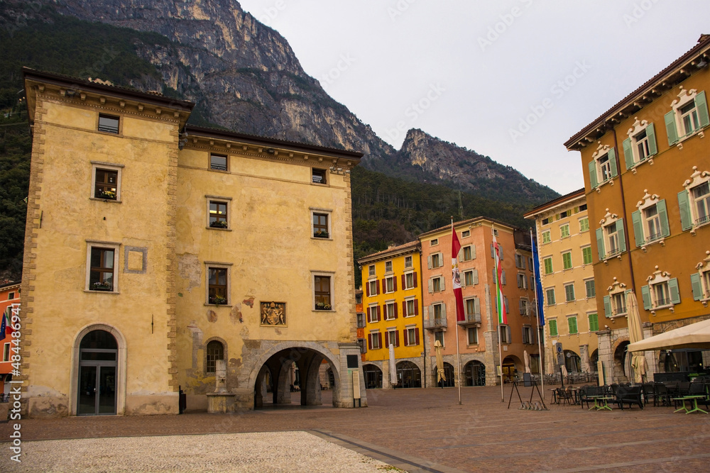 The historic Piazza Tre Novembre square in central Riva del Garda in the Trentino-Alto Adige region of Italy in winter
