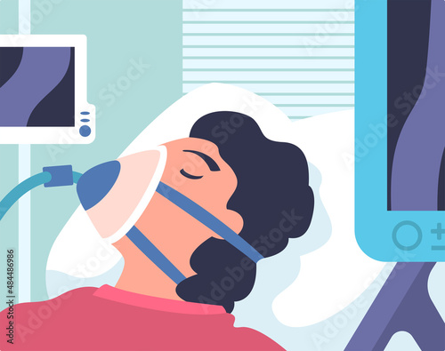 Young Woman Patient in Hospital Lying on Bed with Mask Having Artificial Lung Ventilation Being in Critical Condition Vector Illustration