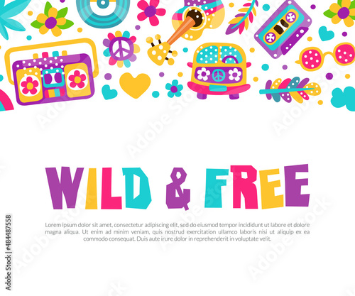 Hippie Bohemian Poster or Card Design with Sticker Element Vector Template