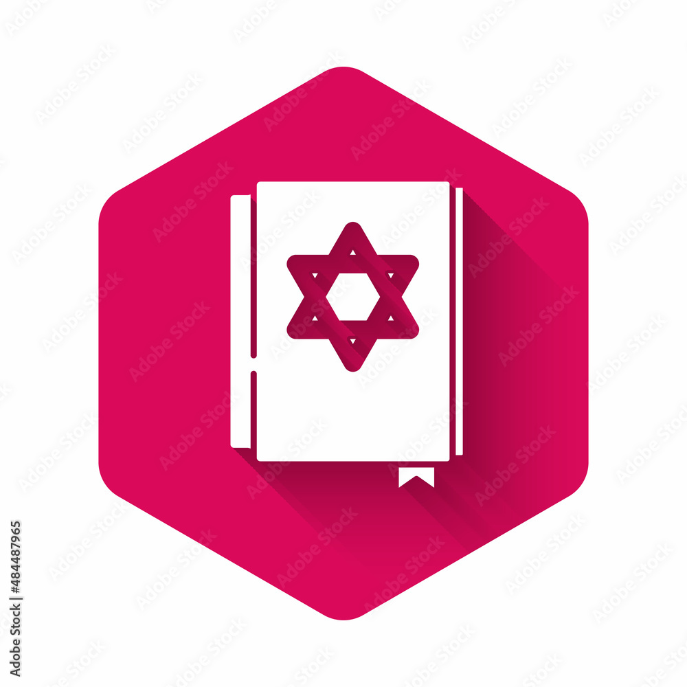 White Jewish torah book icon isolated with long shadow background. Pentateuch of Moses. On the cover of the Bible is the image of the Star of David. Pink hexagon button. Vector White Jewish torah book icon isolated with long shadow background. Pentateuch of Moses. On the cover of the Bible is the image of the Star of David. Pink hexagon button. Vector