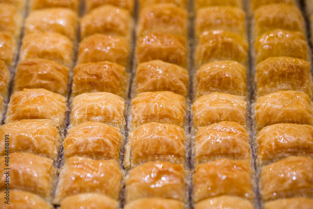 Baklava honey sweet, in pieces, selective focus. Baklava honey sweet, in pieces, selective focus.
