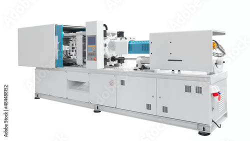 Production machine for manufacture products from pvc plastic extrusion technology, Isolated on white background