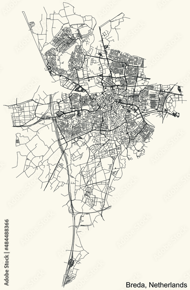 Detailed navigation black lines urban street roads map of the Dutch regional capital city of BREDA, NETHERLANDS on vintage beige background