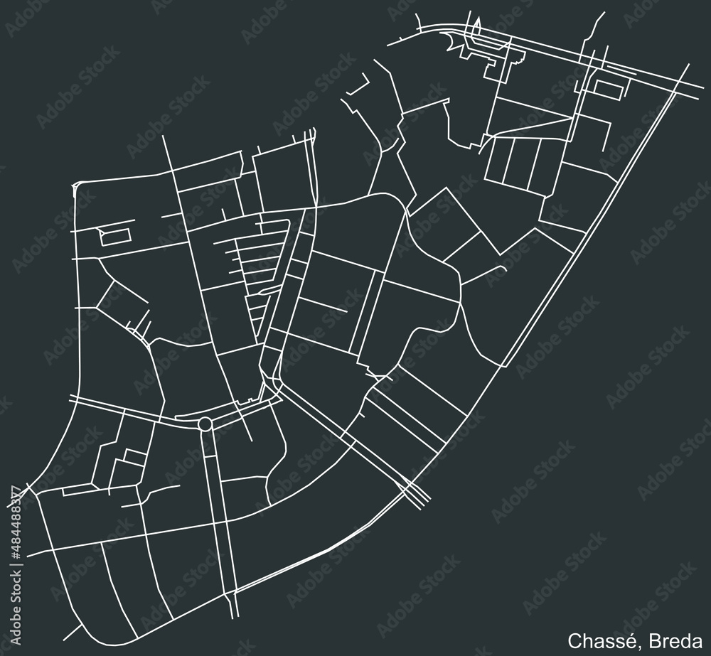 Detailed negative navigation white lines urban street roads map of the CHASSE NEIGHBORHOOD of the Dutch regional capital city Breda, Netherlands on dark gray background