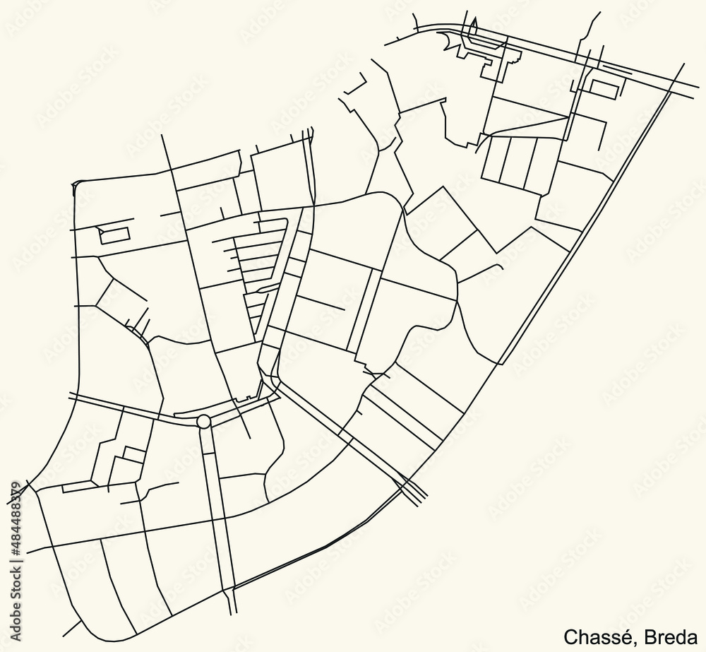 Detailed navigation black lines urban street roads map of the CHASSE NEIGHBORHOOD of the Dutch regional capital city Breda, Netherlands on vintage beige background