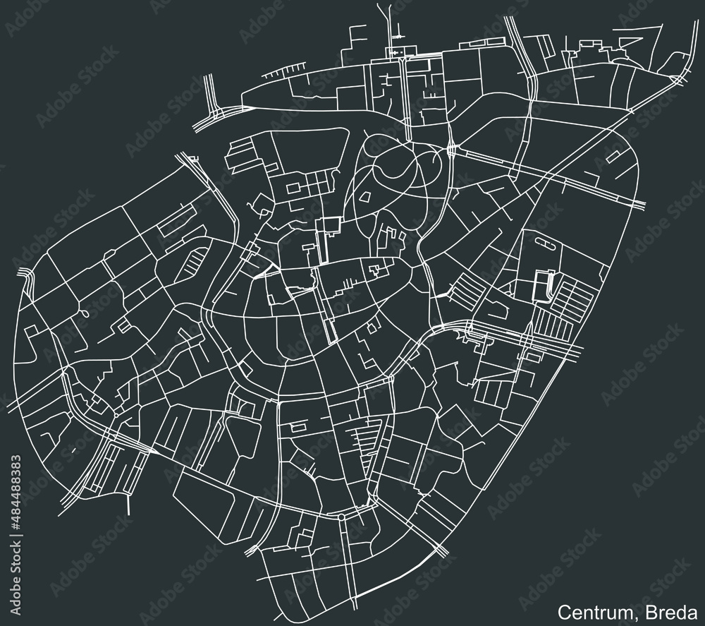 Detailed negative navigation white lines urban street roads map of the CENTRUM DISTRICT of the Dutch regional capital city Breda, Netherlands on dark gray background
