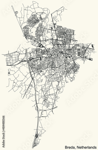 Detailed navigation black lines urban street roads map of the Dutch regional capital city of BREDA, NETHERLANDS on vintage beige background