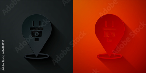 Paper cut Electric plug icon isolated on black and red background. Concept of connection and disconnection of the electricity. Paper art style. Vector