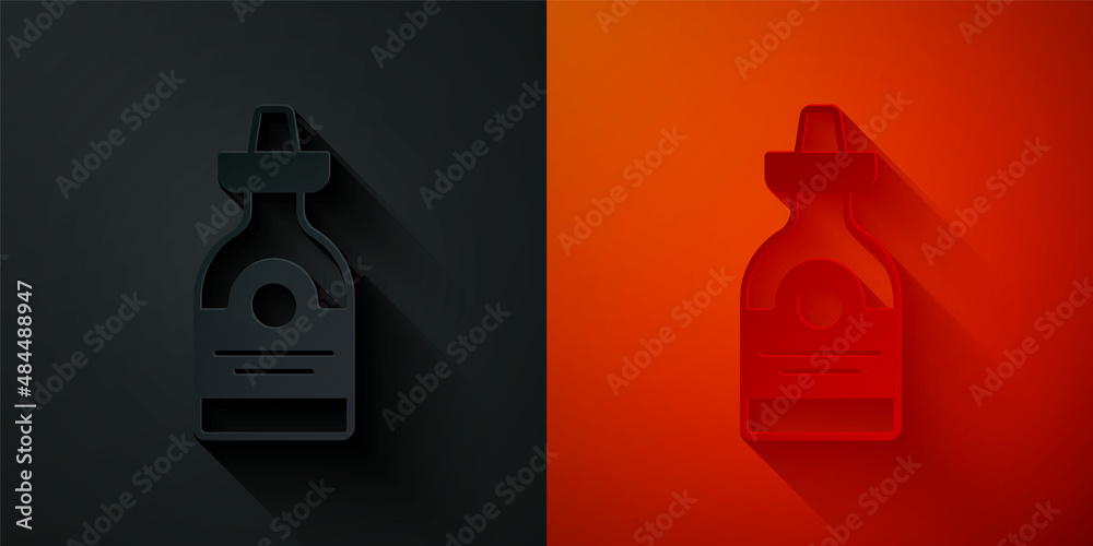 Paper cut Tequila bottle icon isolated on black and red background. Mexican alcohol drink. Paper art style. Vector Paper cut Tequila bottle icon isolated on black and red background. Mexican alcohol drink. Paper art style. Vector