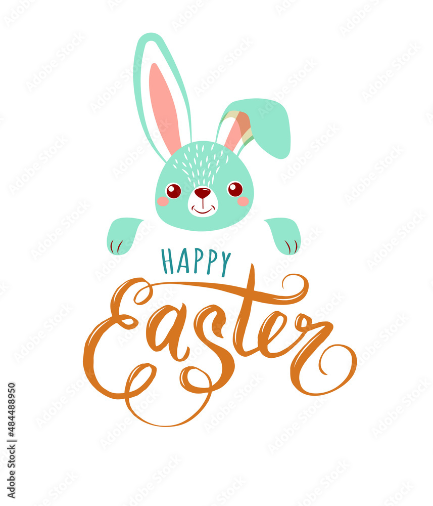 Obraz premium Lettering - happy easter and drawing of a cute blue bunny