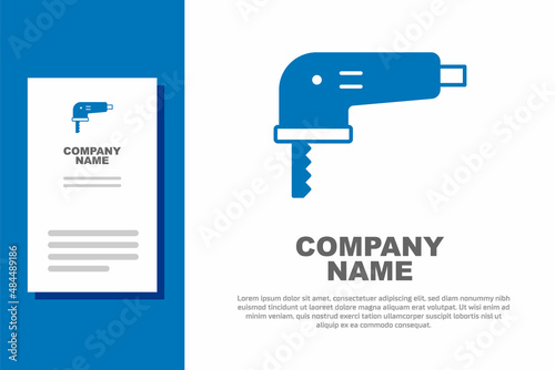 Blue Electric jigsaw with steel sharp blade icon isolated on white background. Power tool for woodwork. Logo design template element. Vector