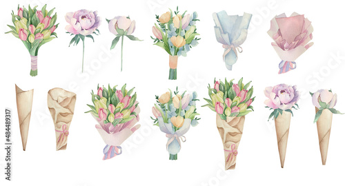 Set of watercolor bouquets of flowers. With these compositions you can create invitations and postcards.