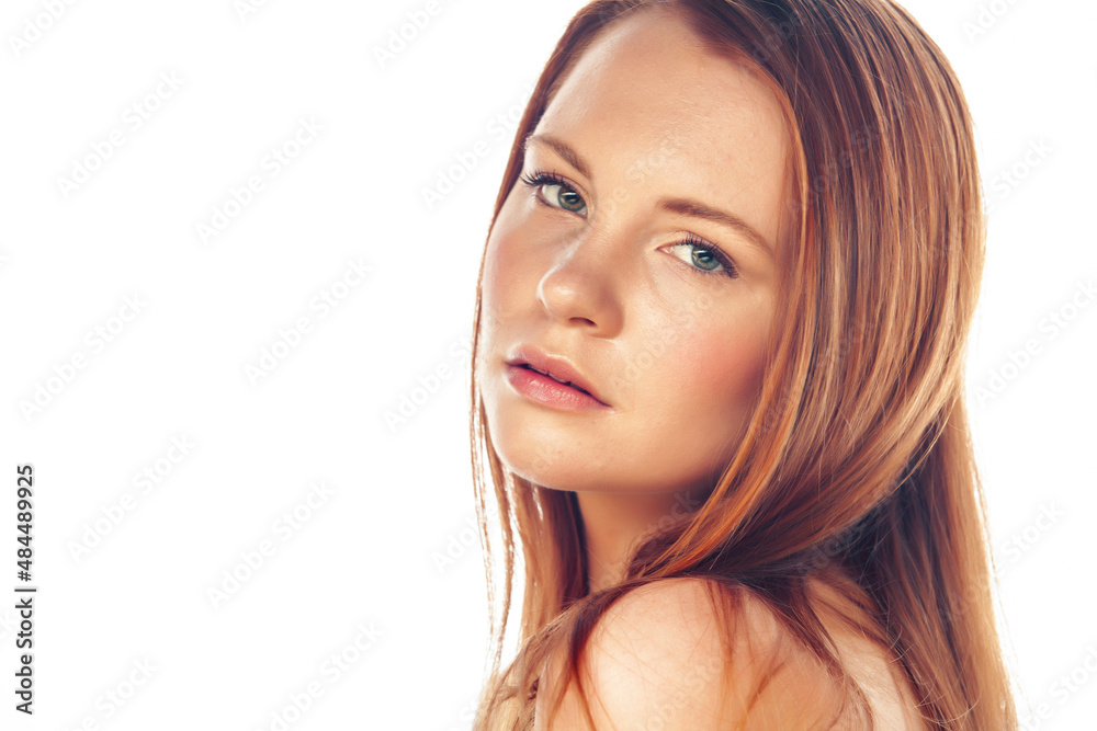 young sweet ginger woman close up isolated on white background, perfect pure innocense beautiful young sweet ginger woman close up isolated on white background, perfect pure innocense beautiful