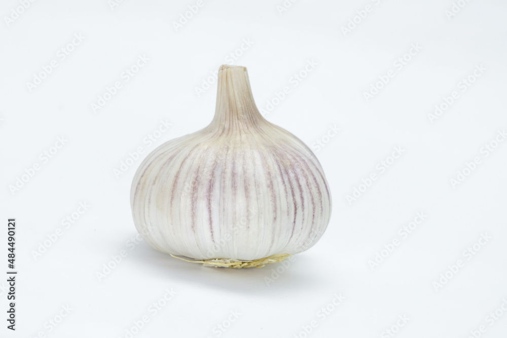 Head of garlic (Allium sativum) with its units still in the bulb and husk on a neutral background
