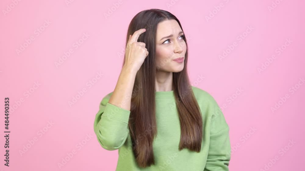 Lady deep think doubt perfect conclusion isolated pastel color background Lady deep think doubt perfect conclusion isolated pastel color background