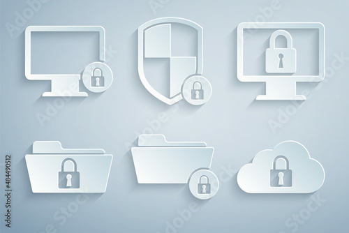Set Folder and lock, Lock on monitor, , Cloud computing, Shield security with and icon. Vector
