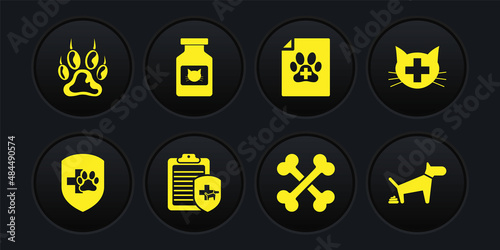 Set Animal health insurance, Veterinary clinic, Clinical record pet, Crossed bones, Medical certificate for dog cat and Cat medicine bottle icon. Vector