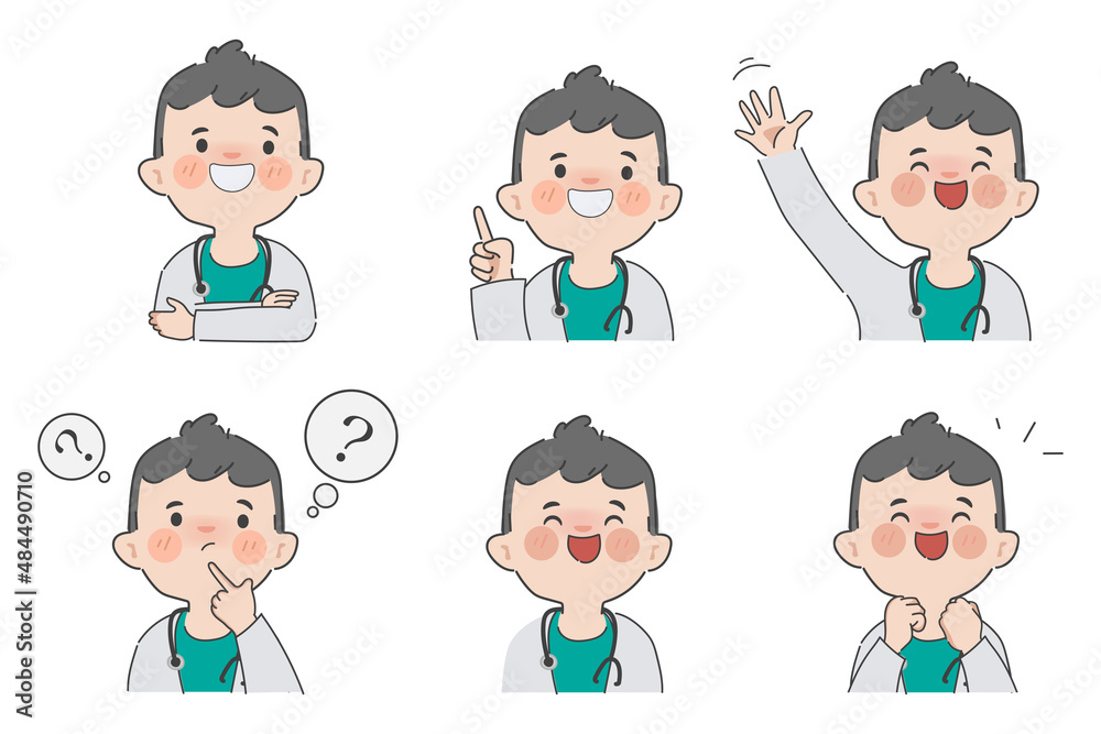 Hand drawn doctor man with gown clipart gesture character.