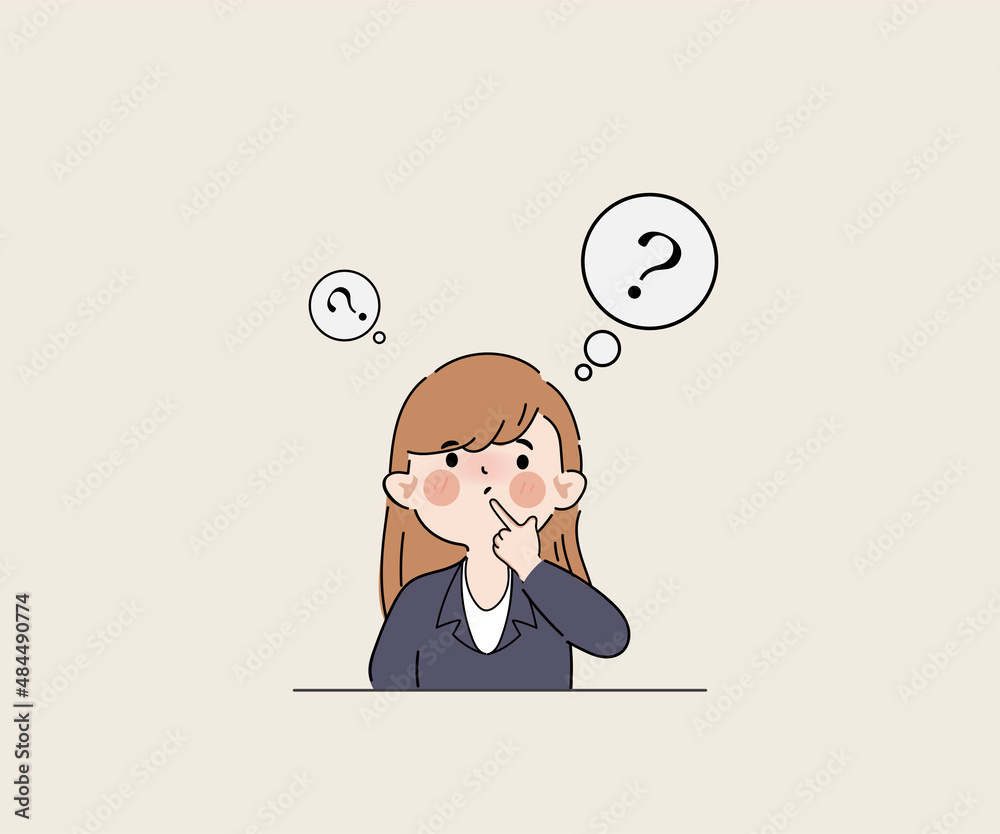 Hand drawn clipart businesswoman thinking gesture pose with question mark character. Hand drawn clipart businesswoman thinking gesture pose with question mark character.