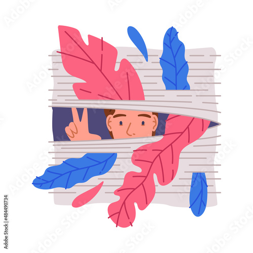 Man Peeking Out of Window Curtain with Colorful Foliage Vector Illustration
