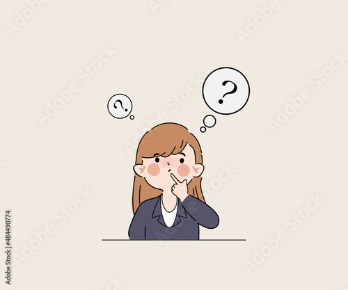 Hand drawn clipart businesswoman thinking gesture pose with question mark character.