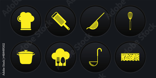 Set Cooking pot, Kitchen whisk, Chef hat with fork and spoon, ladle, colander, Grater, Sponge bubbles and icon. Vector