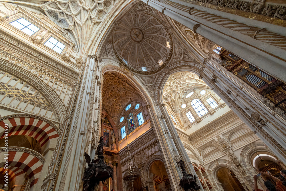 The ceiling, dome, stained glass windows and cupola of the Great Mosque and Cathedral of the Mezquita in Cordoba, Spain.
