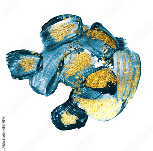 BLUE OCEAN. Abstract. Vivid painting. Golden abstraction of brush strokes. Adding gold drops, sprays, luxury brushes, gold elements. Modern abstract artwork. Masterpiece of designing art.  photo