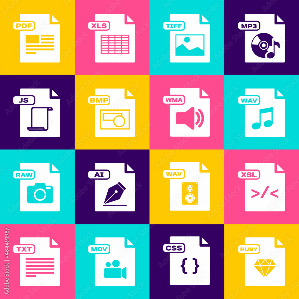 Set RUBY file document, XSL, WAV, TIFF, BMP, JS, PDF and WMA icon. Vector Set RUBY file document, XSL, WAV, TIFF, BMP, JS, PDF and WMA icon. Vector