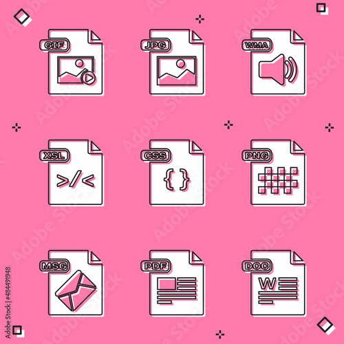 Set GIF file document, JPG, WMA, XSL, CSS, PNG, MSG and PDF icon. Vector