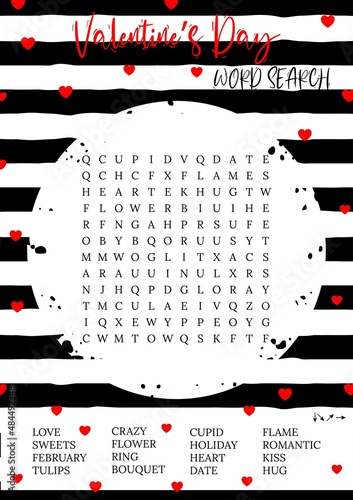 Valentine's Day (14 February) word search puzzle. Printable party card. Educational game. Crossword game, trivia, activity card. Love theme. Suitable for social media post. 