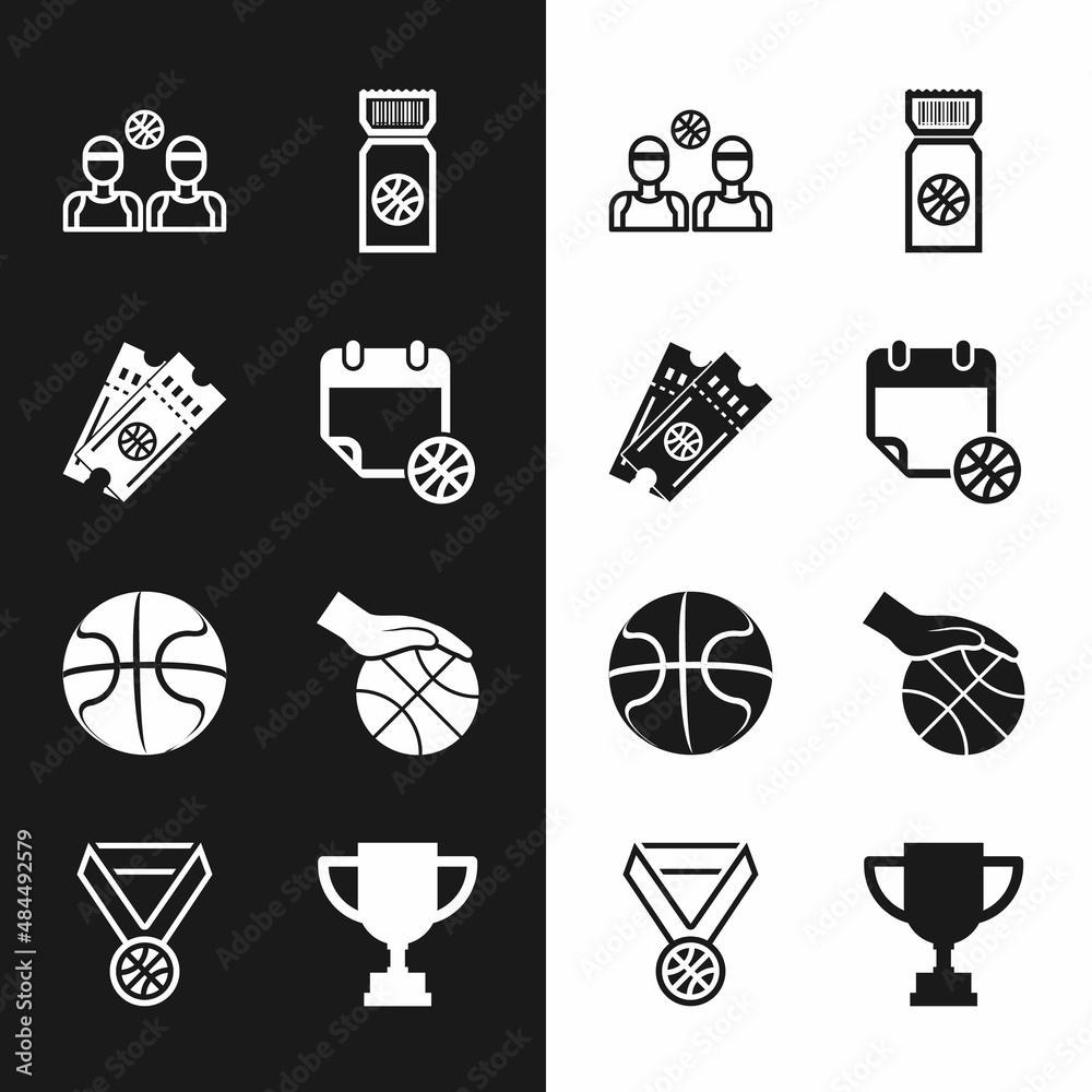 Naklejka premium Set Basketball on sport calendar, game ticket, players, Hand with basketball, Award cup and medal icon. Vector