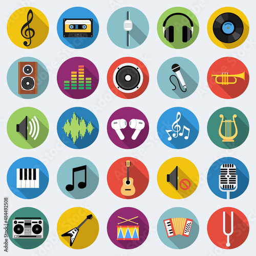 Set of music icons in flat design with long shadows