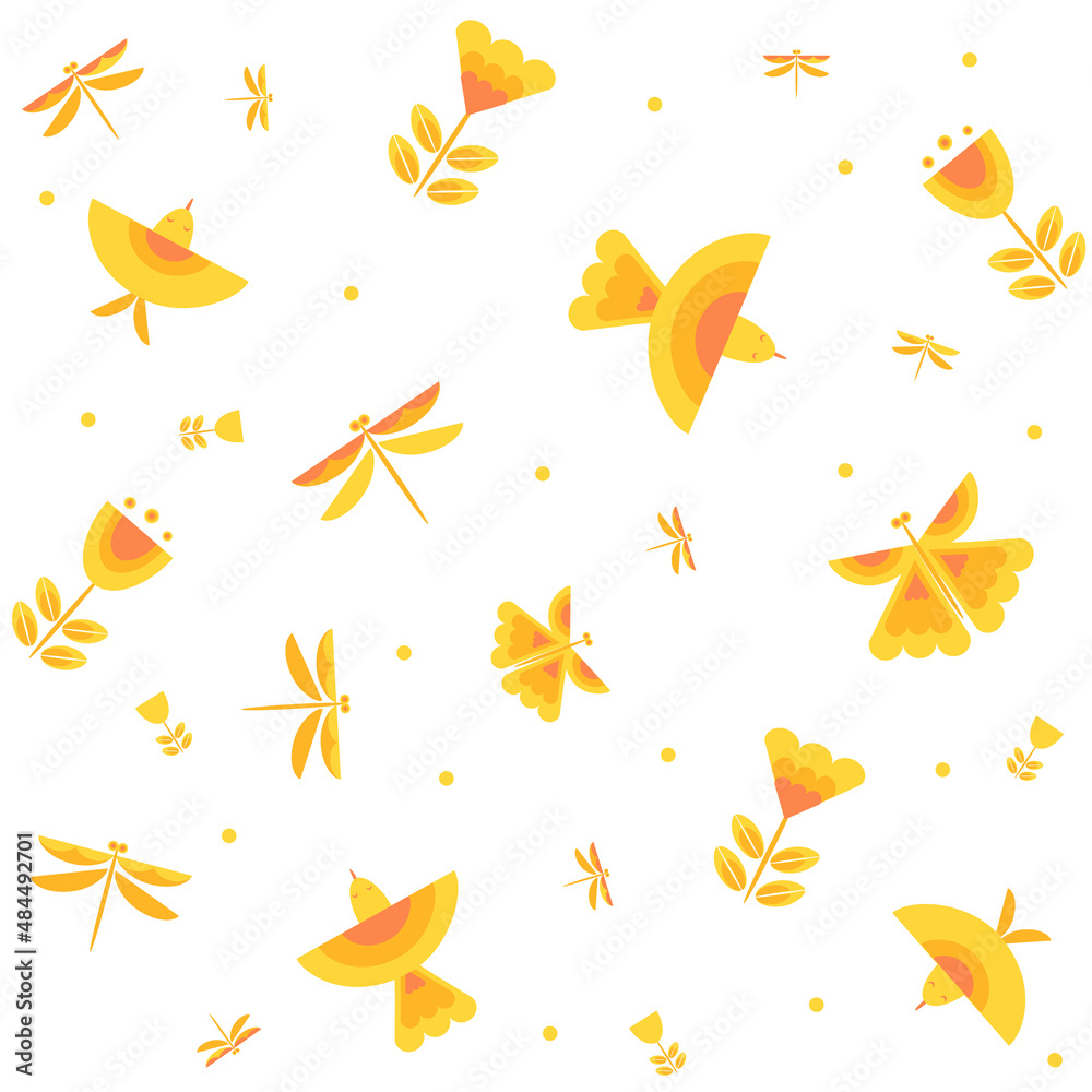 pattern with birds, dragonflies and flowers