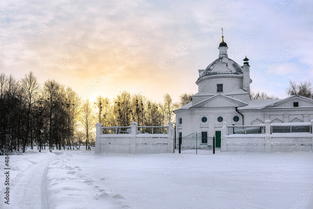 Winter view from the Oka River to the Church of the Kazan Icon of the Mother of God. Village Konstantinovo.