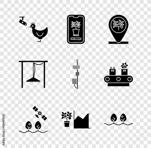 Set Chicken farm and camera, Smart control farming system, Location tree, with drone, Flower statistics, Plant, Automatic irrigation sprinklers and Standalone sensor icon. Vector