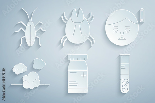 Set Medicine bottle and pills, Fatigue, Dust, Test tube flask, Parasite mite and Cockroach icon. Vector