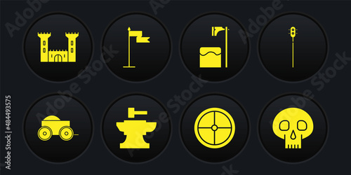 Set Wooden four-wheel cart, Medieval chained mace ball, Anvil for blacksmithing hammer, Round wooden shield, Executioner axe tree block, flag, Skull and Castle icon. Vector