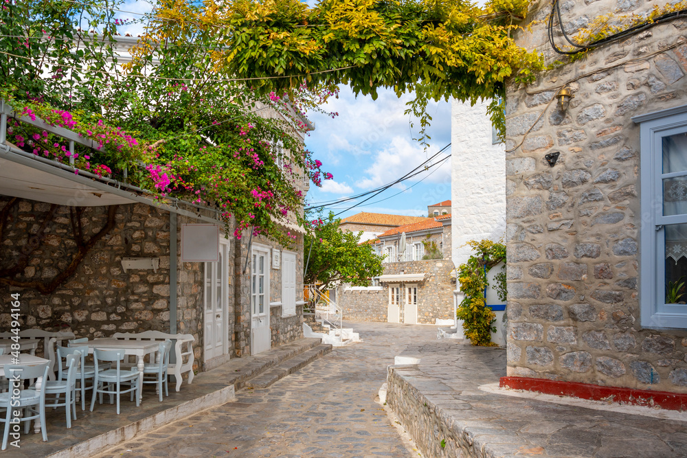 A picturesque street of stone and whitewashed homes, pink flowers, and a sidewalk cafe in the picturesque village of the small Greek island of Hydra, Greece.	