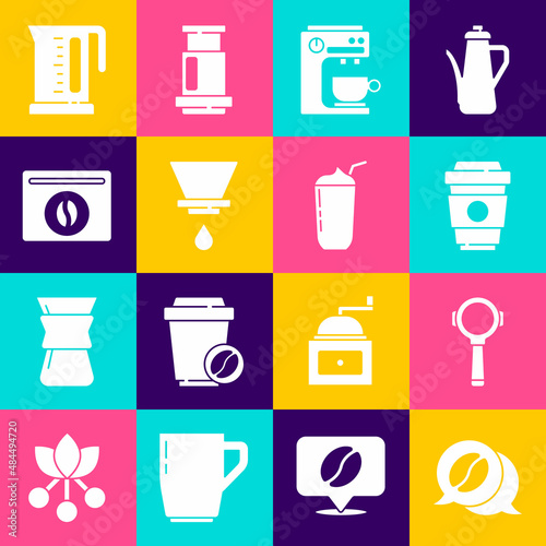 Set Coffee and conversation, filter holder, cup to go, machine, V60 coffee maker, Bag beans, Electric kettle and Milkshake icon. Vector