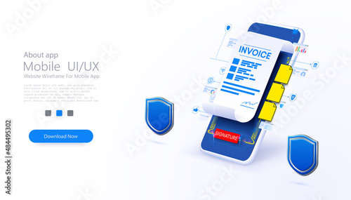 3d Concept of an electronic contractor digital signature of a document, an authentic file, data source security,. Online signing of a contract on the digital screen of smartphone. Vector illustration.