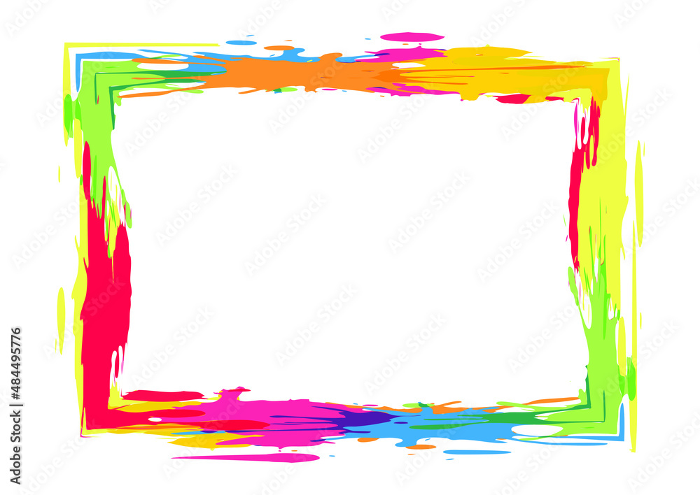 Bright colorful multi-colored window, frame with colored spots and blots. Artistic border, art design. Texture color frame for photos, holiday events and children's parties. Vector illustration.