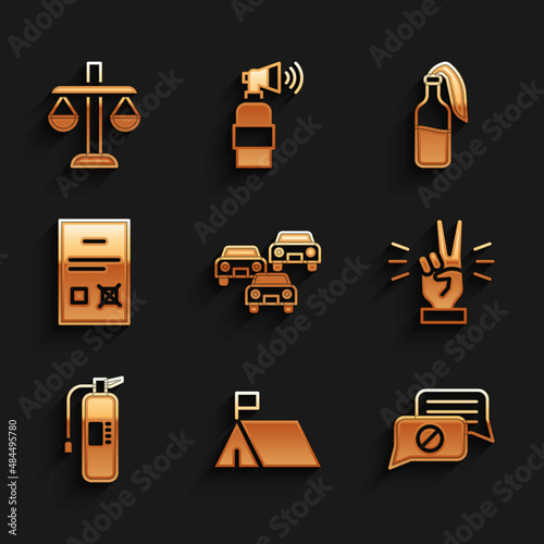 Set Traffic jam, Protest camp, Speech bubble chat, Hand showing two finger, Fire extinguisher, Poll document, Cocktail molotov and Scales of justice icon. Vector