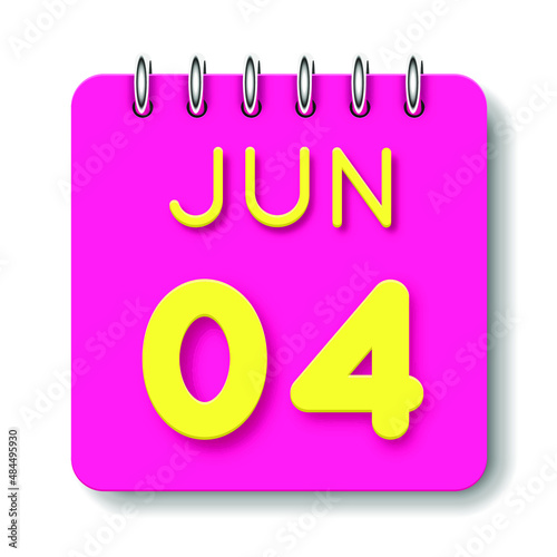 04 day of the month. June. Cute calendar daily icon. Date day week Sunday, Monday, Tuesday, Wednesday, Thursday, Friday, Saturday. Neon yellow. Pink Paper. White background.