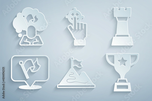 Set Mountains with flag, Chess, Flag, Award cup, Target and Man holding icon. Vector