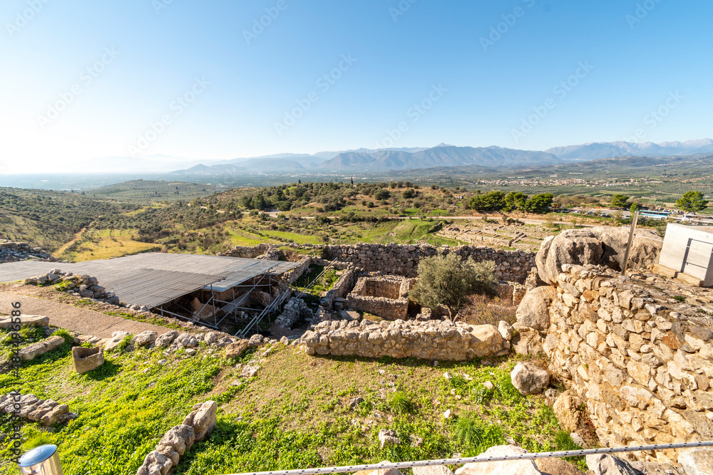 Ancient Greek ruins overlooking the valleys and hills of the