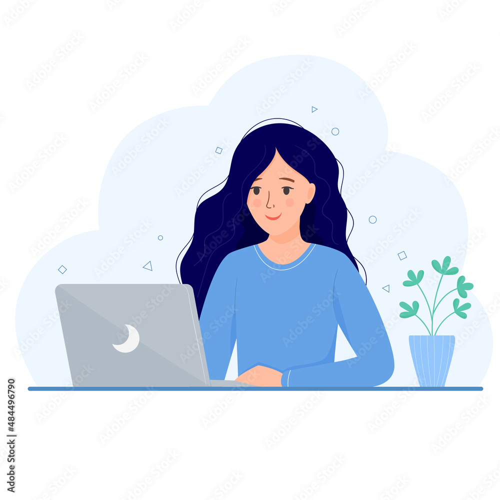 Woman working with laptop sitting at a desk. Freelance girl with laptop studying. Online marketing. Business idea concept. Flat style illustration Woman working with laptop sitting at a desk. Freelance girl with laptop studying. Online marketing. Business idea concept. Flat style illustration