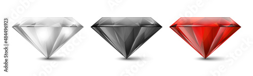 Vector 3d Realistic Gemstone, Crystal, Rhinestones Icon Set Closeup Isolated. Jewerly Concept. Design Template, Clipart. Colored Gems, Crystals, Rhinestones, Gemstones, Side View