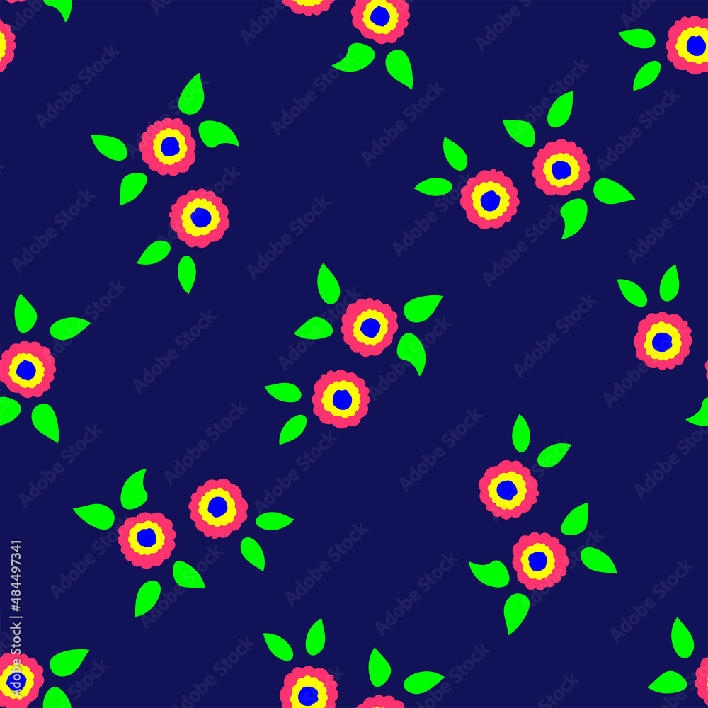 Bright seamless pattern with flowers and leaves. Simple floral print. Neon colors. Vector illustration. Bright seamless pattern with flowers and leaves. Simple floral print. Neon colors. Vector illustration.